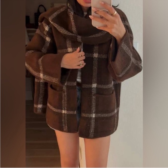 ZARA SHORT PLAID SCARF KNIT COAT - Picture 11 of 16